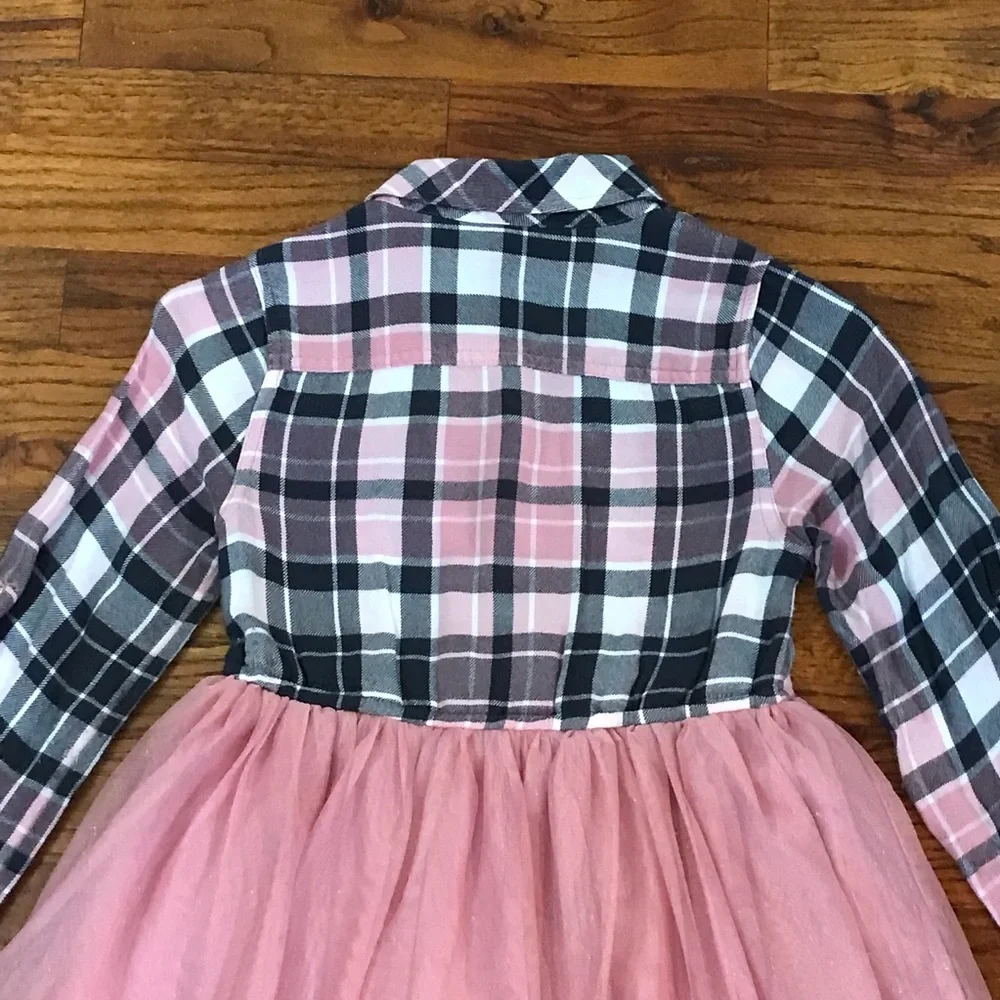 Girls Justice Pink / Black Plaid & Tulle Dress Size Medium 7 / 8 100% Polyester